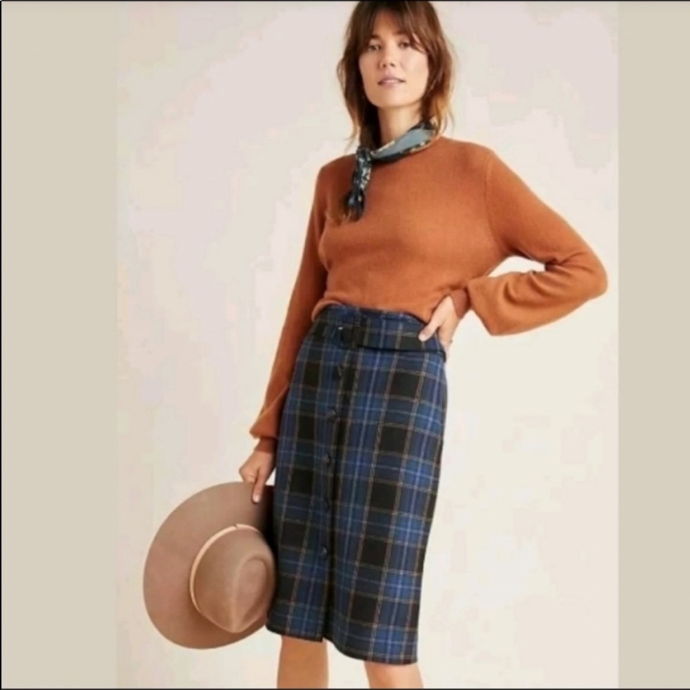 Anthropologie Maeve Women’s Green Blue Button Down Belted Plaid Pencil Skirt 4